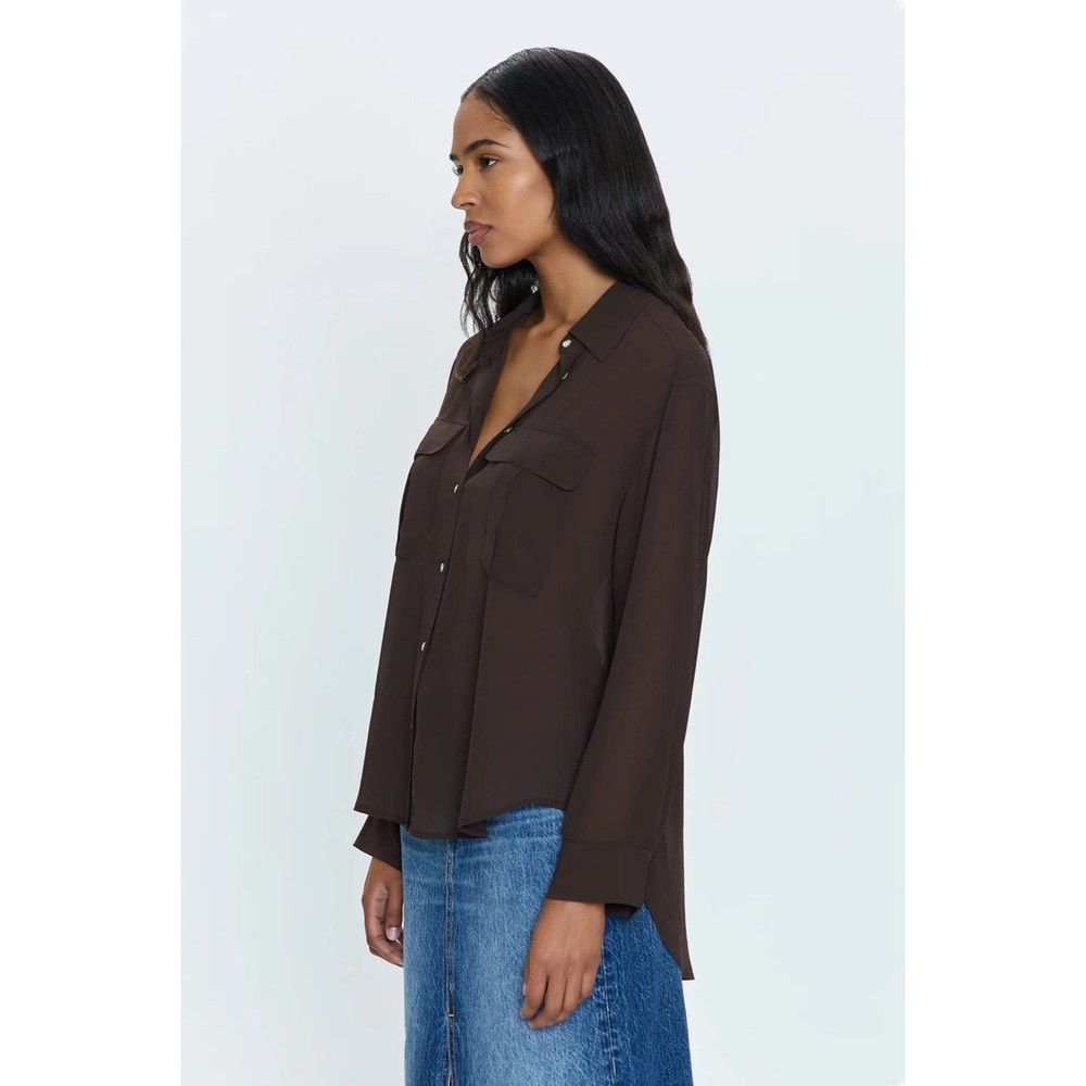 NWT $138 Pistola REESE SHEER SHIRT - DARK ROAST Brown Top Womens Large - Picture 3 of 6